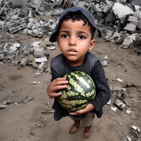 Potrait of gaza, war, little boy carrying a slice of watermelon