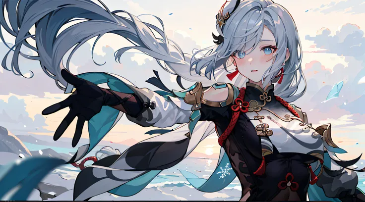 shenhedef, upper body, seductive look, blush, outdoors, snowflake scenery, looking at viewer, cloudy, moody lighting, (perfect detail eyes:1.2), glowing eyes, (long hair one braid:1.2), elemental skill effect, (Masterpiece, Best Quality, High Quality:1.4),...