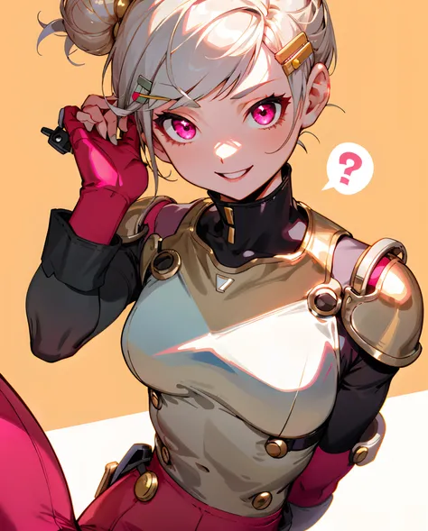 girl with，mankind、Short hair with silver bob styled in a bun with hair clip, Pink eyes、small tits，Gold-tone tops，Red pants，vivaciousness，adolable，Sunny and cheerful，And loves to laugh，smart，Speak out loud