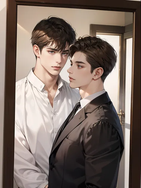 Masterpiece, Best quality, Realistic, 1人, Mature male, Quiet and charming young man, 25 age old, Serious look, Closed mouth, Portrait, Extremely detailed face, cold smile, ((dark gray eyes)), ((Right sweep short dark brown hair)), [Thick eyebrows], ((suit)...