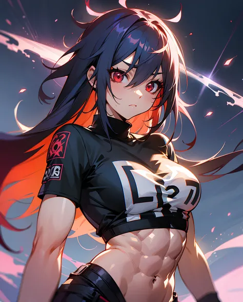 female, abs, muscles , red eyes which are glowing in the night sky, punk tshirt, long hair, anime --auto --s2