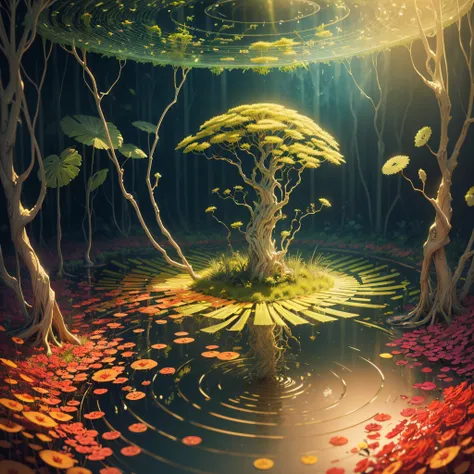 a Allen in a Swamp, with music notes colorful Allen world with DMA, analogue spectrum hologram, close-up a roses, hologram vortex simulation, cristal trees, smoke, red, gold and silver patterns, swamp background hyper detailed, with Inca filer of gold, ((A...