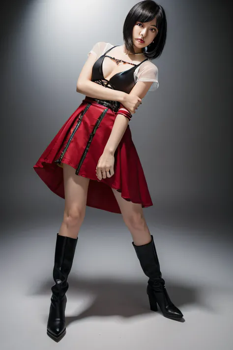 low angle. White background in studio. A villain played by a Japanese teenage actress (wavy bob, black hair), wearing a seductive villain costume (black and red, sheer skirt, boots), standing, holding a whip.