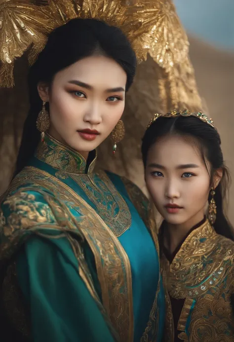 A Mongolian girl with with bright Blue-green eyes, beside a tall Korean man with glittering golden eyes