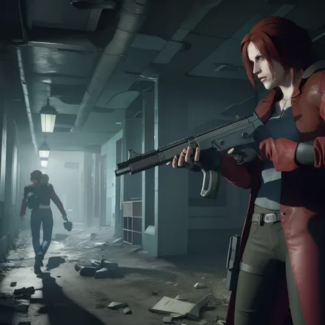 Best quality, ((Claire redfield from resident evil)), woman 40 years old, long red hair, black jeans, red nail polish, beautiful face, red long coat, glare, holding a gun