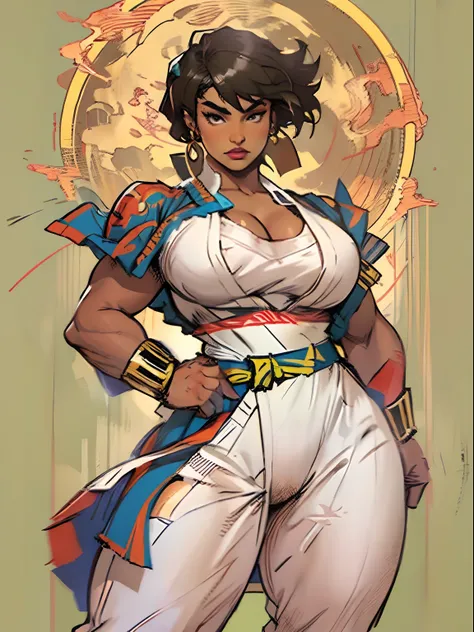 jim lee

street fighter, 1girl, brown skin, perky breasts, (thick thighs), (chubby), full martial arts gi, boots, arm bands, makeup, earrings, solid background, full body,

((masterpiece))