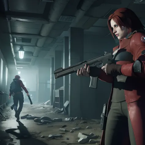 Best quality, ((Claire redfield from resident evil)), woman 40 years old, long red hair, black jeans, red nail polish, beautiful face, red long coat, glare, holding a gun