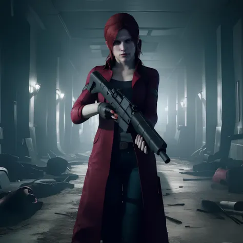 Best quality, ((Claire redfield from resident evil)), woman 40 years old, long red hair, black jeans, red nail polish, beautiful face, red long coat, glare, holding a gun