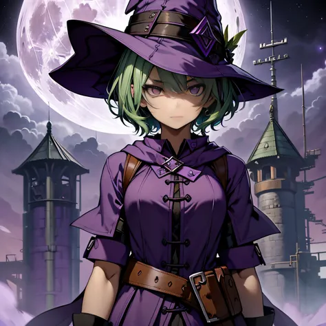 top-quality、extremely delicate and beautiful、(A teenage girl)、Purple Eye、Green hair、short-haired、(purple witch hat)、Purple tie、Tactical Vest、Soio、shortsleeves、Purple skirt、Purple Wizard Robe、Navel、is standing、Facing the front、Expression of hatred、Full moon...