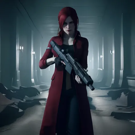 Claire Redfield 40 years old, beautiful face, shy, looking at viewer, very long red hair, perfect Face, black jeans, red long coat with black t-shirt, red nail polish, friendly face, glare, holding a gun