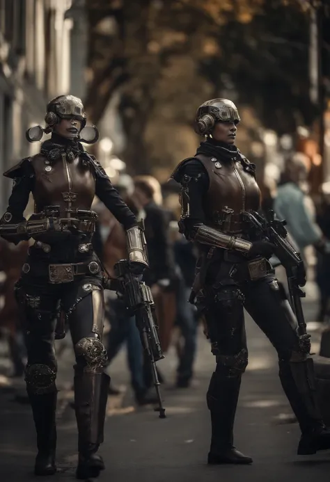 they are two robots walking down the street with guns, detailed cinematic photography, steampunk digital art, bigstudiovfx, still image from tv series, anthropomorphic female, featured on vimeo, yasuke 5 0 0 px models, by Robert Koehler, interconnected hum...