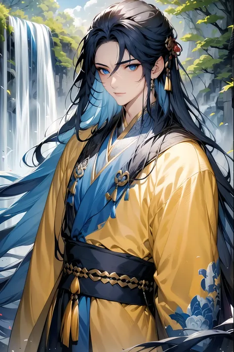 1boys, 独奏，long whitr hair, view the viewer, , Blue eyes, hair adornments,，mont，waterfallr，Crane，florals，The tree，florals，