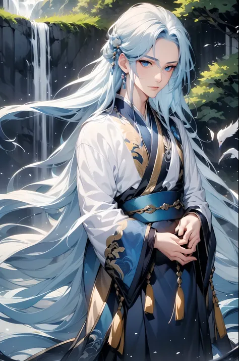 1boys, 独奏，long whitr hair, view the viewer, , blue eyes, hair adornments,，mont，waterfallr，crane，florals，the tree，florals，