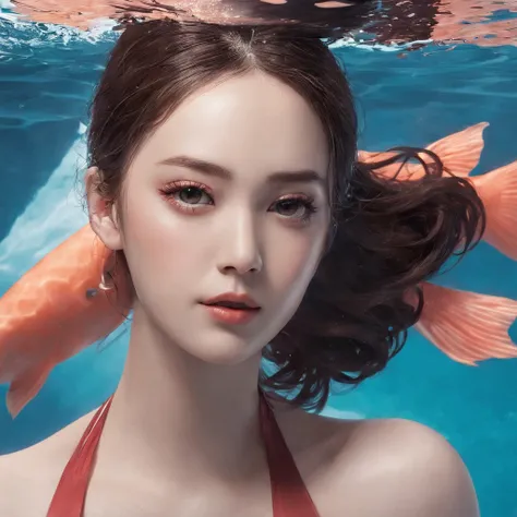 Best quality, masuter piece, 超A high resolution, (Photorealistic:1.4), RAW photo, Professional lighting, high-level image quality, high detal, tmasterpiece、a 25 year old girl、Moist eyes、Competitive swimmer、competitive swimsuit、(Swimming:1.5)、The background...