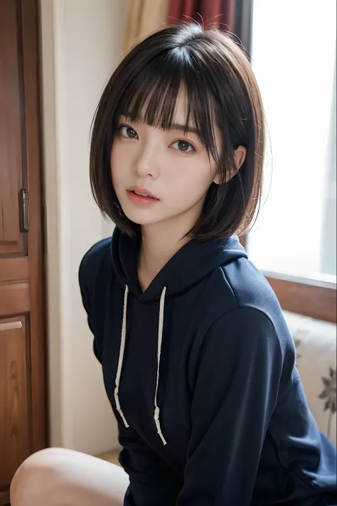 randome pose、top-quality、超A high resolution、(Photorealsitic:1.5)、女の子1人、Navy Hoodie、(Short Bob:1.2)、(smallunderboob:1.2)、a room、a closeup、full body Esbian、Bewildered face