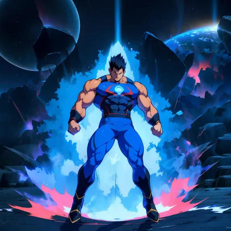 (anime style) an extremely muscular masculine superhero in a meteor shower, falling from sky like a burning comet wrapped in blu...