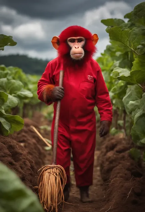 red monkey potato farmer who has pitchfork