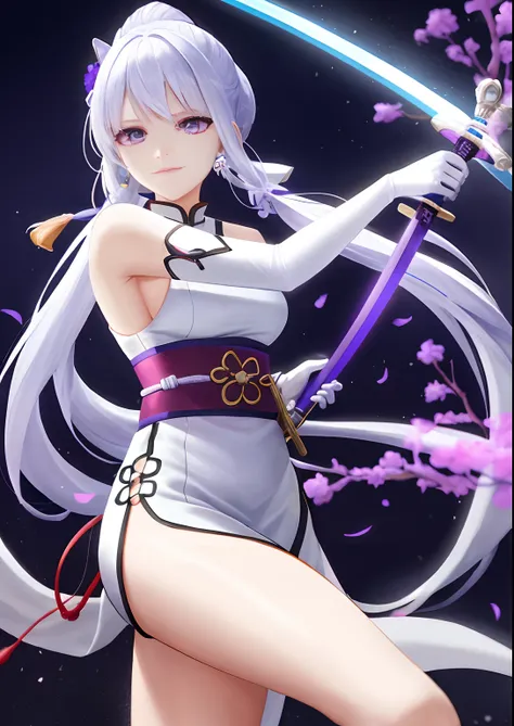 A woman，Holding An Sword，White hair，Wear purple Hanfu，Long white gloves are worn on the elbows，Chinese Ancient Architecture