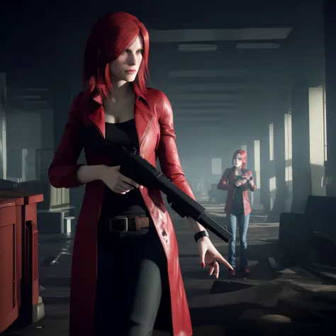 Claire Redfield 40 years old, beautiful face, shy, looking at viewer, very long red hair, perfect Face, black jeans, red long coat with black t-shirt, red nail polish, friendly face, glare, holding a gun