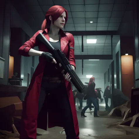 Claire Redfield 40 years old, beautiful face, shy, looking at viewer, very long red hair, perfect Face, black jeans, red long coat with black t-shirt, red nail polish, friendly face, glare, holding a gun