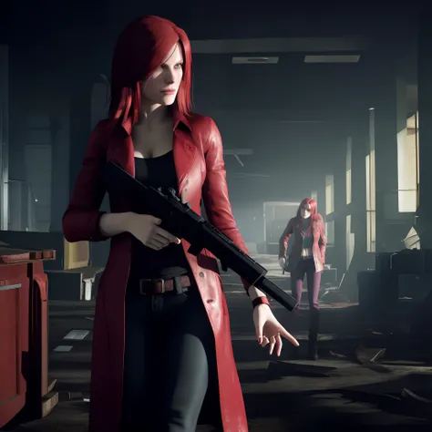 Claire Redfield 40 years old, beautiful face, shy, looking at viewer, very long red hair, perfect Face, black jeans, red long coat with black t-shirt, red nail polish, friendly face, glare, holding a gun