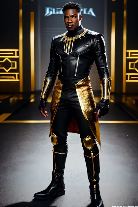 arafed image of a man in a black leather outfit, concept art inspired by black panther, tumblr, afrofuturism,dress super hero suit, black with gold accents, full body, realistic, 4k