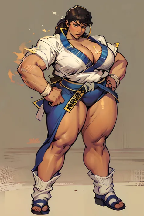 jim lee

street fighter, 1girl, brown skin, (thick thighs), (chubby), martial arts gi, makeup, earrings, direct look, solid background, full body,

((masterpiece))