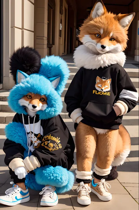 furry fandom art style, curly hair emo smug eyes light brown and cream fur joyful young fox wearing black clothes and light blue sneakers in a sunny day