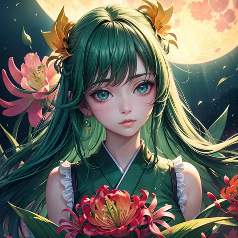 finest image, (8k, RAW photo, realistic), portrait, detailed and delicate depiction and flashy and dynamic painting method, beautiful woman, emerald green big eyes, great proportion, open Japanese kimono, pink and orange lilies, background big moon, irides...