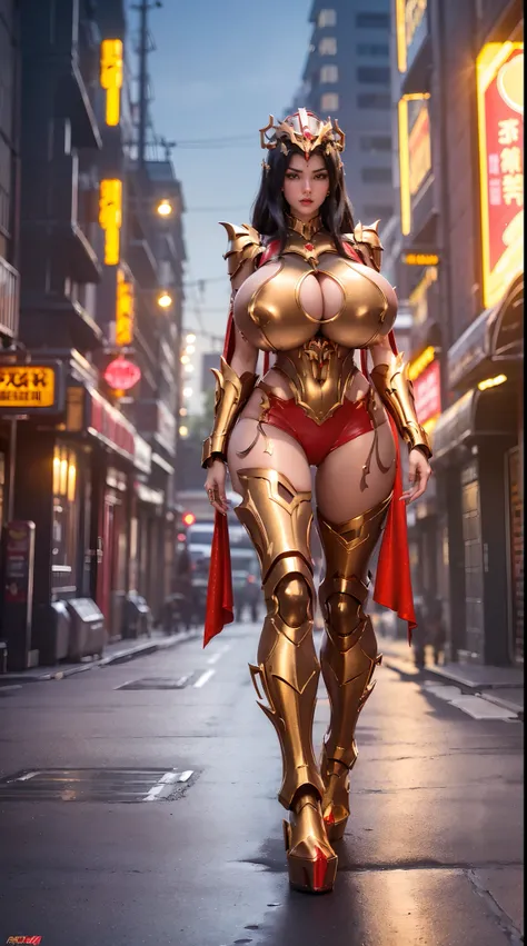 1GIRL, SOLO, (shiny black hair, gold ornament hair), (GIGANTIC BREAST, HUGE FAKE BOOBS:1.5), (GUARD ARM, GLOVE), (RED FUTURISTIC DRAGON MECHA ARMOR SUIT, ROYAL CAPE, CLEAVAGE, SKINTIGHT YOGA HOTPANTS, HIGH HEELS:1.2), (NSFW BUSTY BODY, LINE ABS, SEXY LONG ...