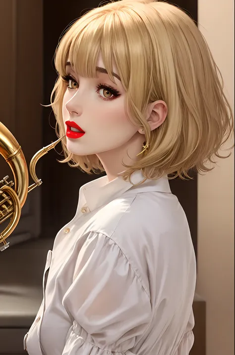 Blonde woman short hair bangs left side to chin, boina francese ,vestido preto, Red lips plays horn, hq,cartoon, 50s,