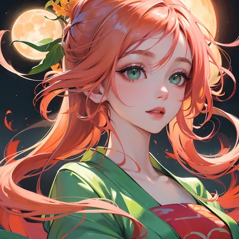 finest image, (8k, RAW photo, realistic), portrait, detailed and delicate depiction and flashy and dynamic painting method, orange pink hair, beautiful woman, emerald green big eyes, great proportion, open Japanese kimono, pink and orange lilies, backgroun...