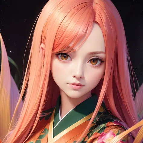 finest image, (8k, RAW photo, realistic), portrait, detailed and delicate depiction and flashy and dynamic painting method, orange pink hair, beautiful woman, emerald green big eyes, great proportion, open Japanese kimono, pink and orange lilies, backgroun...