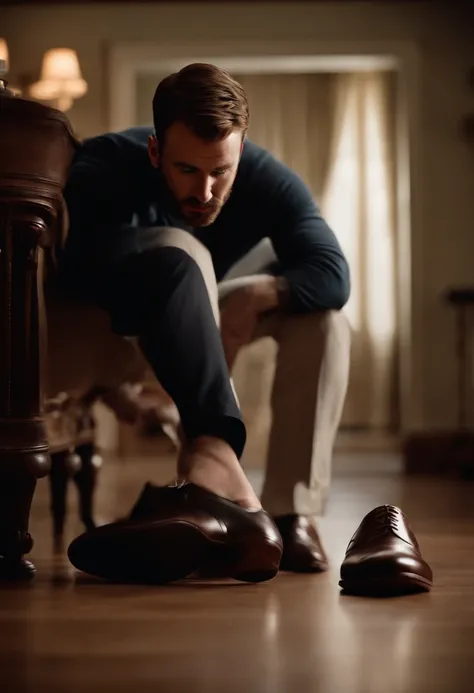 Chris evans sniffing a dress shoe in underwear