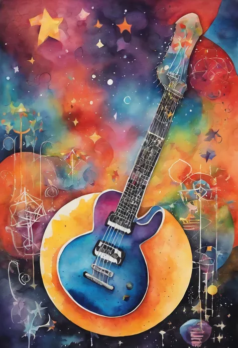 Creates a wide image in an ukiyo-e style. It includes a flying V guitar suspended in zero gravity, a symbol of rock and punk, set against a cosmic backdrop. Its aesthetic combines elements of neon art, graffiti, and psychedelia with a hippie vibe. Scattere...