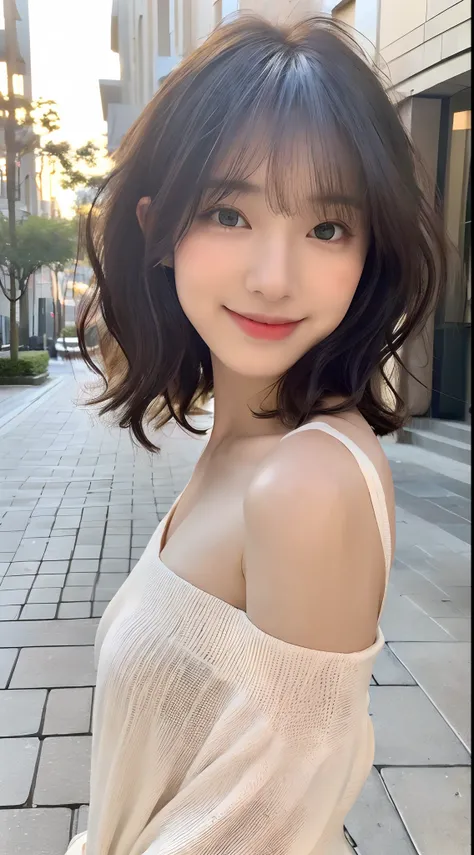 (8K、top-quality、​masterpiece:1.2)、(realisitic、Photorealistic:1.9)、(A smile:0.2)、medium breasts⁩、beautifully detailed eyes、(a pixie cut、(独奏:1.8)、(looking at viewert:1.3)、Hair on damp hair、Smiling on a quiet street in the park、((Short bob hair with black hai...