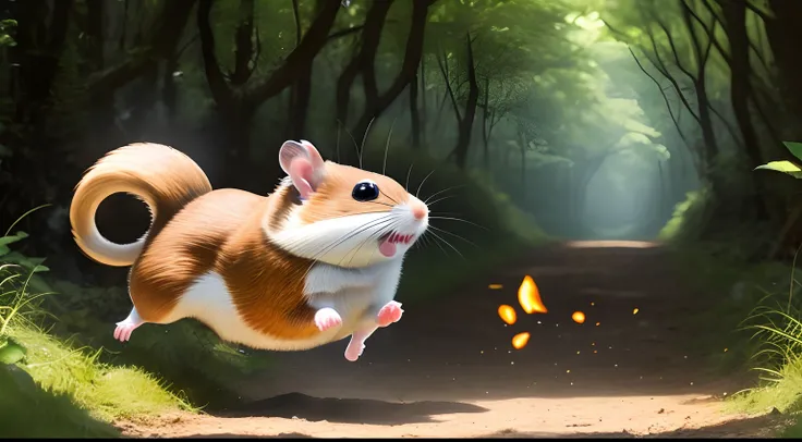 2. ```plaintext
Create a photorealistic image of Chika CheeseLove, a realistic female hamster, racing her wooden barrel-like cheese cart through a dense forest path dappled with sunlight. The foliage should be lush and green, with beams of light piercing t...