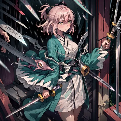 1girl in, Constricted pupils，scared expression，A murder weapon with a lot of weapons stuck in it, cowboy  shot， masutepiece, Best Quality，Eyes are yellow，Tattered light pink hair color，short-cut，A weapon is stuck in a cherry-colored kimono，An onion-colored...