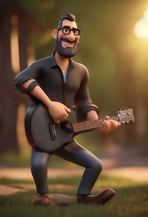 Cartoon character of a bearded man with black glasses and a black shirt, Playing Guitar Animation Character, Caractere estilizado, animation style rendering, 3D estilizado, Arnold Maya render, 3 d render stylized, toon render keyshot, Personagem 3D, Person...