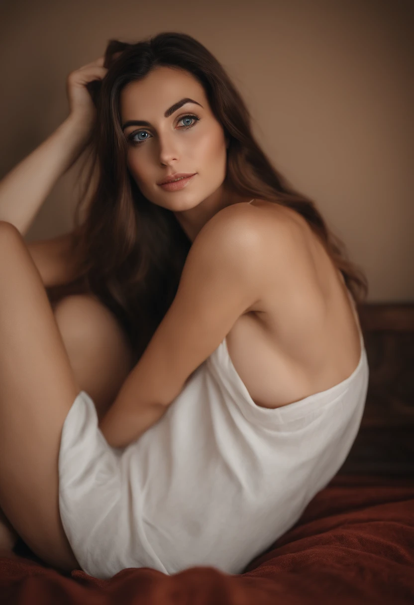 italian woman with loincloth, sexy girl with blue eyes, lying on the bed with feet raised, brunette hair and large eyes, selfie of a young woman, beedroom background, without makeup, natural makeup, looking directly at the camera, face with artgram, subtle...