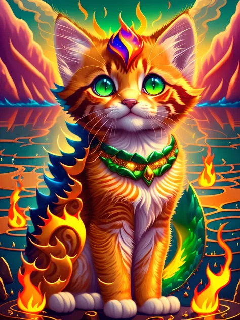 (Fire-Kitten) a kitten made of (fire), fur made of  (golden) flames, extra large green eyes, standing on top of a (hill) watching little (crocodiles) swimming in a lake, fantasy, oil paint, uhd, Bauhaus, cgsociety, vaporwavetracing, ultra detailed, whimsic...