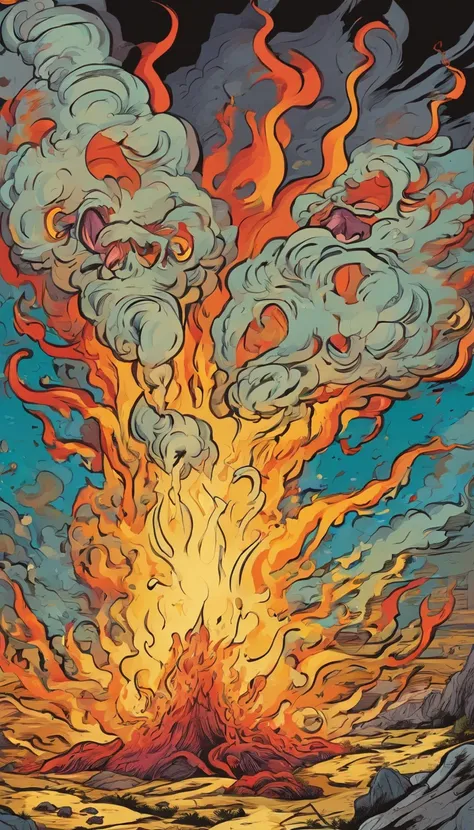 American comics，Exaggerated big mouth，At the bottom there is a man with a wide open mouth，Flames erupted from the mouth，Its like a volcanic eruption