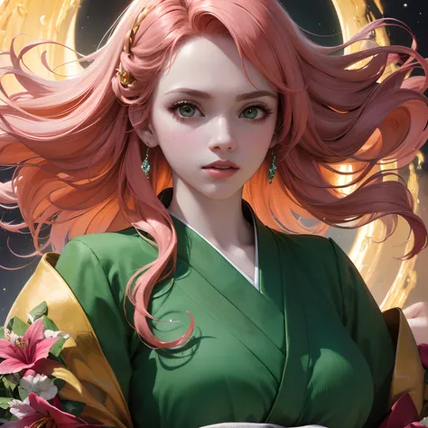 finest image, (8k, RAW photo, realistic), portrait, detailed and delicate depiction and flashy and dynamic painting method, orange pink hair, beautiful woman, emerald green big eyes, huge breasts, great proportion, open Japanese kimono, pink and orange lil...