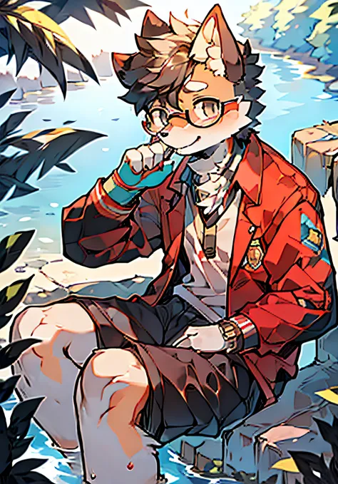 A bespectacled junior high school boy sits by the river in his school uniform