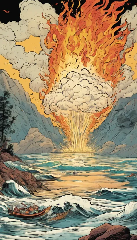 American comics，At the bottom there is a man with an exaggerated mouth wide open，Flames erupted from the mouth，Its like a volcanic eruption