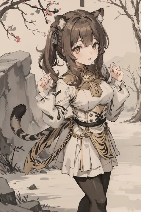 sparrow, knight, knight armor, brown hair like tiger, cat ears, teen, girl, medium breast, slim, 1 girl, tiger tail