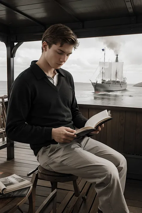 a professional graphite sketch of a 20-year-old white man reading a book on the deck of a steamship.