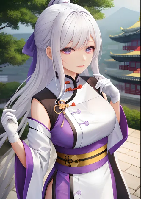 A woman，Watch the landscape，，White hair，Wear purple Hanfu，Long white gloves are worn on the elbows，Chinese Ancient Architecture