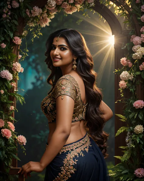 (masterpiece oil painting:1.3) of a (solo:1.3) ravishing sexy curvy chubby tall supermodel rambha as elegant bride, in a flower ...