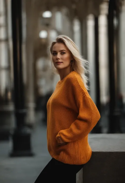 Portrait of a model woman with blond hair in a warm designer sweater, in the style of branded clothing, With the sweater in full view, Panasonic GH5, happy expressions, low key image, sharp texture - Image #2 @SlengSleng